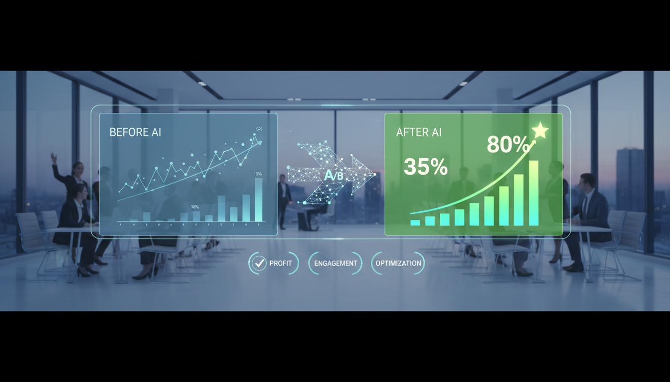 Схема, показывающая положительное влияние A/B тестирования с ИИ на ключевые метрики бизнеса, такие как конверсия и стоимость лида.