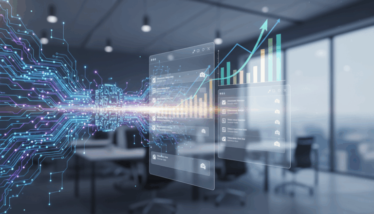 Иконки и диаграммы, иллюстрирующие AI-поддерживаемый email-маркетинг.