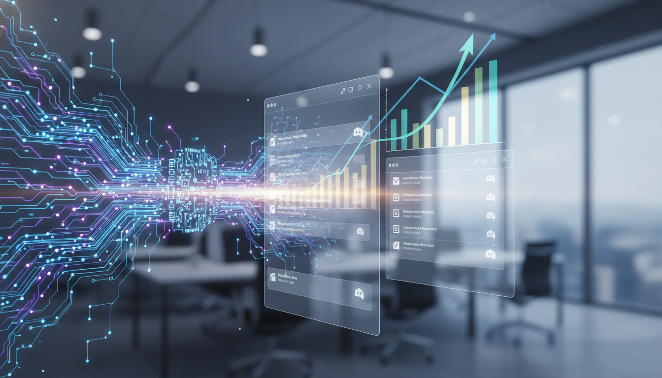 Иконки и диаграммы, иллюстрирующие AI-поддерживаемый email-маркетинг.