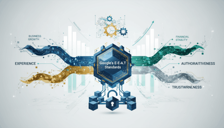 Иллюстрация, обсуждающая E-E-A-T и ИИ-контент в контексте требований Google в 2025 году.