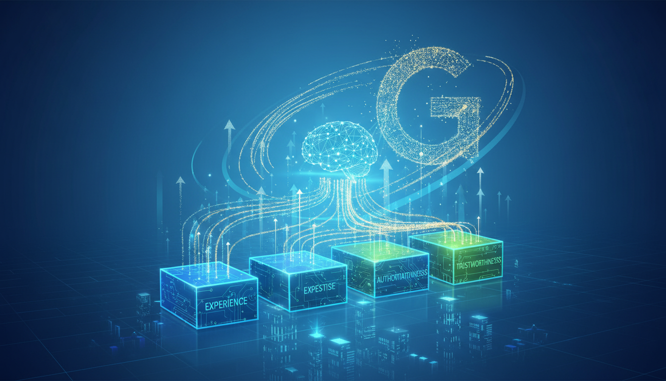 Схема, демонстрирующая взаимодействие E-E-A-T и AI контента для соблюдения требований Google