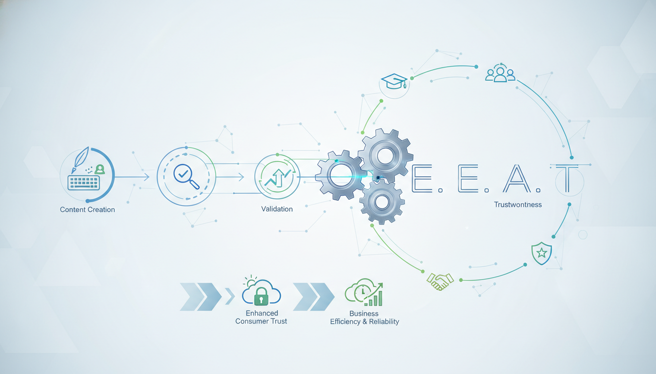 Схема внедрения E-E-A-T в бизнес-процессы для улучшения качества контента и доверия к бренду