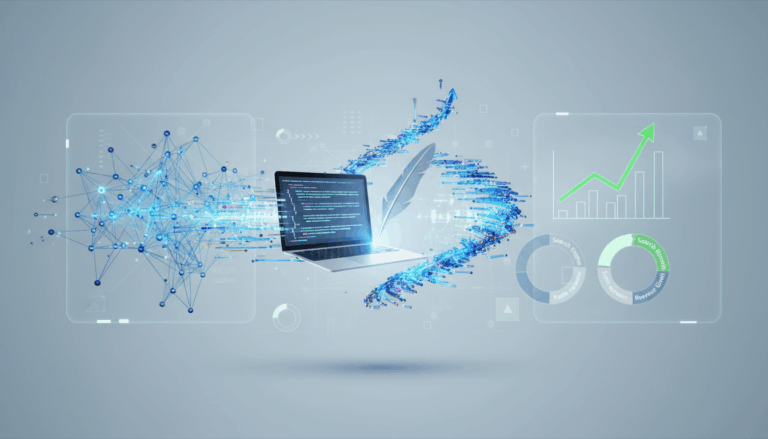 Иллюстрация, демонстрирующая процесс SEO-копирайтинга с использованием ИИ для создания контента.